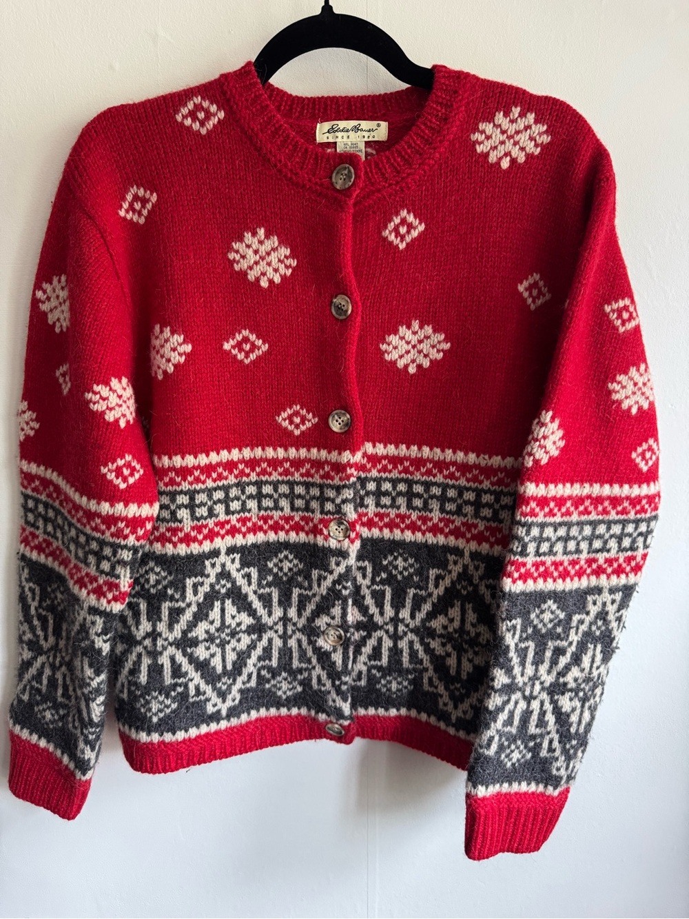 Vintage Eddie Bauer Red Fair Isle Wool Button-Front Cardigan